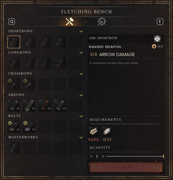 Fletching Bench interface showing weapon categories, requirements and craft button